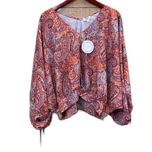 Umgee Boho Paisley Print V-Neck Long Sleeve NWT Large - Picture 1 of 6